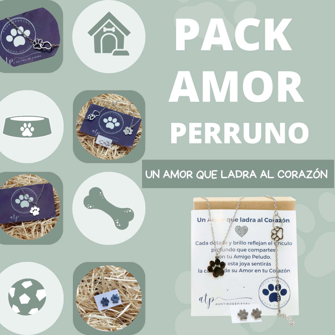 PACK  AMOR PERRUNO - Colgante + Pendientes + Pulsera + Caja Eco + 3 Bolsitas azules
